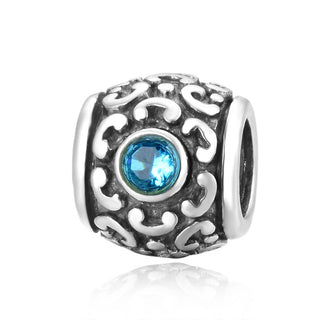 Solid 925 Sterling Silver March Blue Birthstone Bead Cubic Zirconia CZ