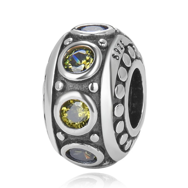 1pc 925 Sterling Silver August Birthstone Bead Charm, Green Peridot Cubic Zirconia CZ, 11x6.8mm, Hole ID 4.5mm, EC1-A8