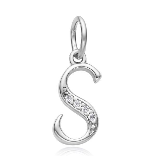 1pc 925 Sterling Silver Letter S Charm, Tarnish Resistant Rhodium Plated, Cubic Zirconia CZ Name Initial Pendant Drop,SSP-C19
