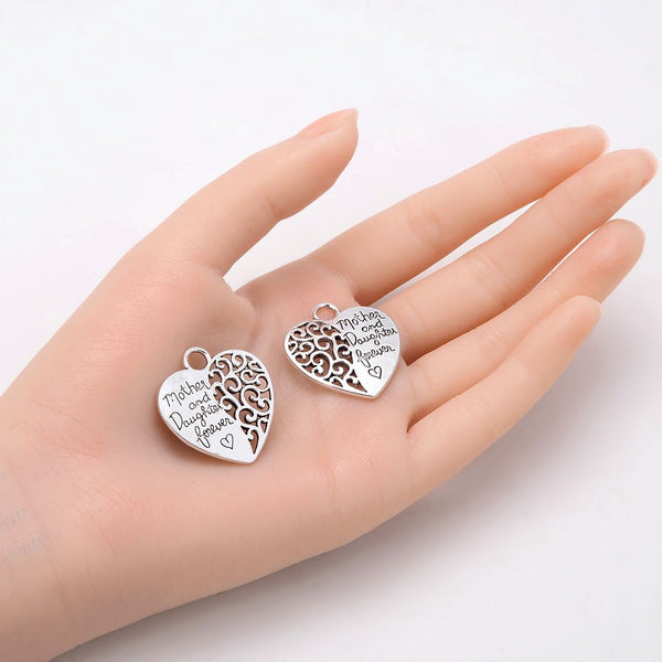 20pcs Mother Daughter Forever Heart Charms, 29mm Large Double Sided Heart Drop Pendants, Antique Silver, MC-D8