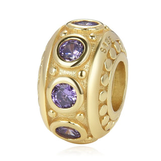 1pc Real Gold Plated 925 Sterling Silver February Birthstone Bead Charm, Purple Amethyst Cubic Zirconia CZ, 11x6.8mm, Hole ID 4.5mm, EC1-B2