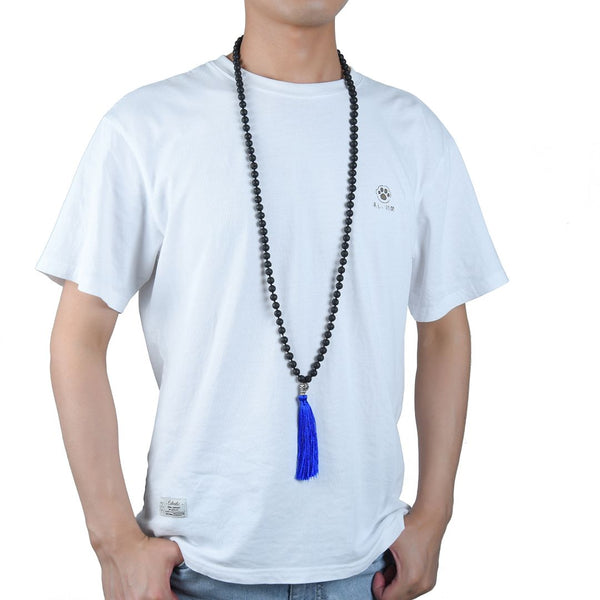Adabele Premium 108 Mala Bead Blue Tassel Necklace, 8mm Natural Black Lava Rock Gemstone, Tibetan Buddhist Japa Prayer Beaded Jewelry RGN4