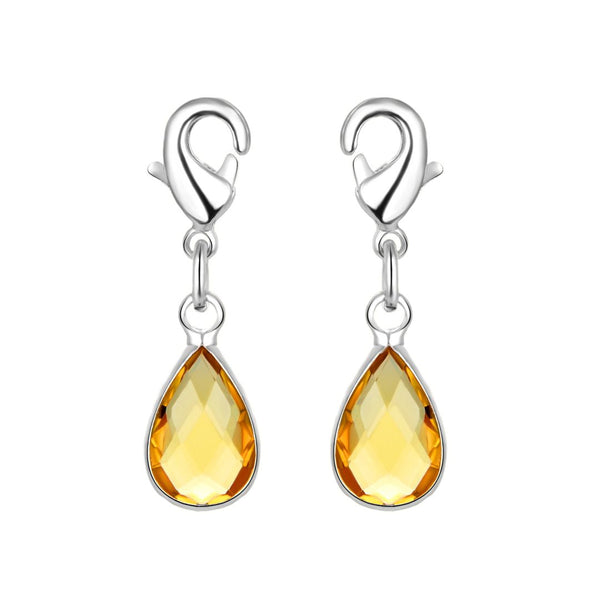 2pcs Clip On Dangle November Topaz Yellow Birthstone Charm Drops, Tarnish Resistant, Sterling Silver Plated Lobster Clasp, BL7-11