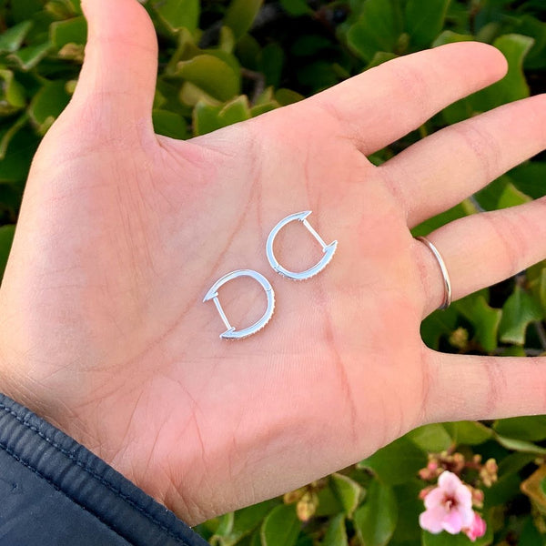 1 Pair 925 Sterling Silver Oval Hoop Earrings, Pave Cubic Zirconia CZ, 15.5mm, SSE39-2