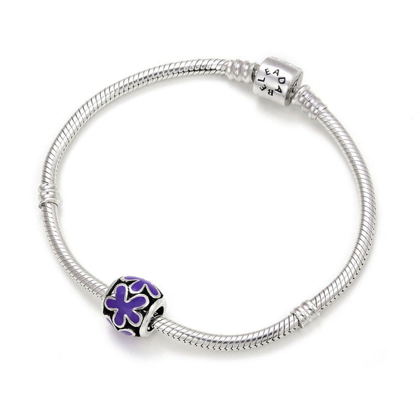 1pc Real 925 Sterling Silver Purple Enamel Flower Bead Charm, Compatible with Pandora All Other Charm Bracelet, EC6-B5