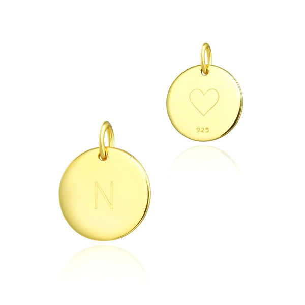 1pc 925 Sterling Silver 12mm Letter N Charm, Real 18K Yellow Gold Plated, Heart Engraved, Name Initial Disc Coin Pendant Drop, SLP-G14
