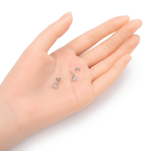 2 Pairs Sterling Silver Earring Posts, Closed Ring, 4pcs Earring Backs, Cubic Zirconia CZ , Tarnish Resistant Rhodium Plated, CZ Size Selections: 2/3/4/5mm