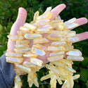 1 Strand Natural Raw Crystal Quartz Gemstone Beads, Medium Size Drilled Stone Points, Topaz Yellow AB Titanium Coated Gem Stick, 15 Inch, GA-D11