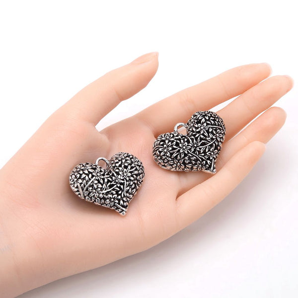 20pcs Flower Vine Symbol of Strength Heart Charms, 41mm Large Double Sided Heart Drop Pendants, Antique Silver, MC-D25