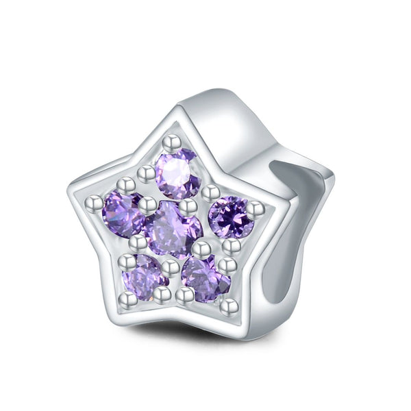 1pc 925 Sterling Silver Star Charm February Birthstone Bead Charm, Purple Amethyst Cubic Zirconia CZ, 10x9.5mm, Hole ID 4.5mm, EC1-K2