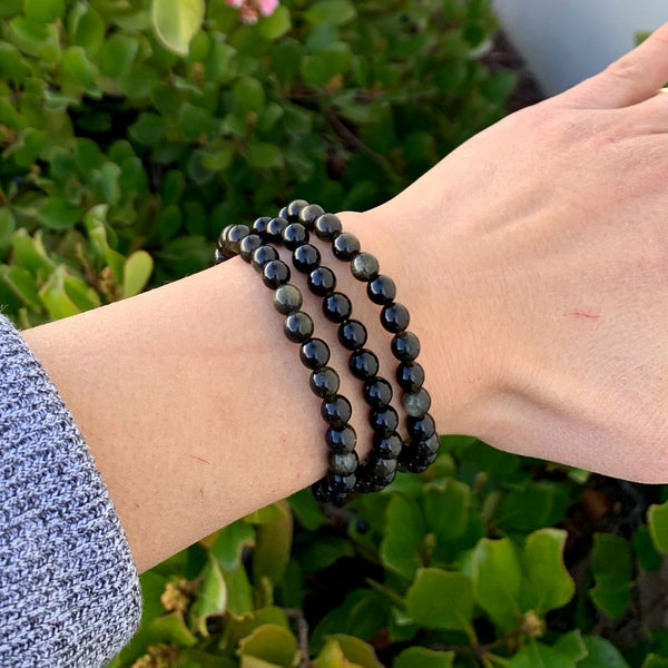 1 Strand Stretch Natural Gold Sheen Obsidian Beaded Gemstone Bracelet, 6mm Beads, Length Selections: 7 inch/7.5 inch/8 inch