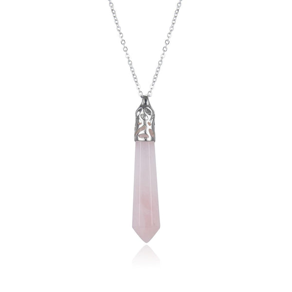 1pc Natural Pink Rose Quartz Hexagonal Pile Gemstone Pendant Necklace, 26 Inch Surgical Stainless Steel Chain, GGP-BB12