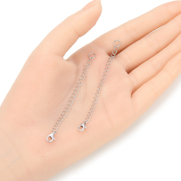 2pcs Sterling Silver Chain Extender with Lobster Claw Clasp, Rhodium Plated Cable Chain Extension, Length Selections: 2 inch/3 inch/4 inch/5 inch