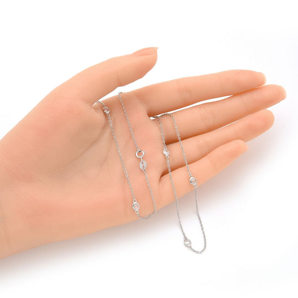 1pc 925 Sterling Silver BTY Station Cubic Zirconia Diamond Bezel Cable Chain Necklace, Tarnish Resistant Rhodium Plated, 4mm Bezel, Length Selections: 18/20/22 inch