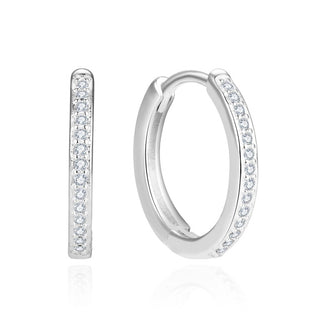 1 Pair Real 925 Sterling Silver Round Huggie Hoop Earrings, Pave Cubic Zirconia CZ, 13.5mm, SSE41-1