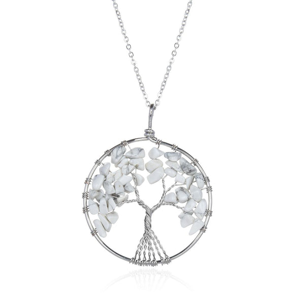 1pc Tree of Life Prosperity Necklace, Natural White Howlite Gemstone Pendant, 26 inch Surgical Stainless Steel Chain, GGP9-9
