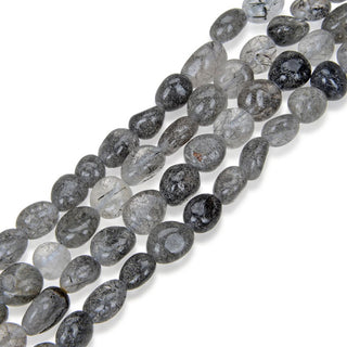 Natural Silver Rutilated Quartz Gemstone Oval Tumbled Pebble Beads, Irregular, 6mm to 8mm, Hole ID 1mm, 15 Inch/1 Strand, GZ11-62