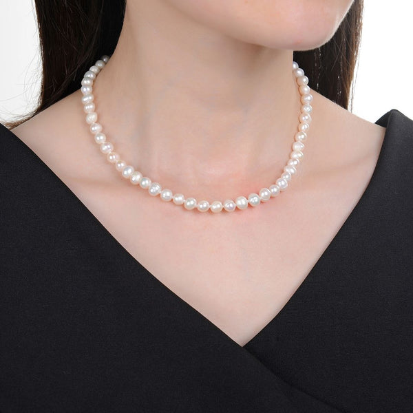 Natural Grade A Potato Round White Cultured Freshwater Pearl Necklace, 6-7mm Pearl Strand, Length Selections: 16 inch/18 Inch