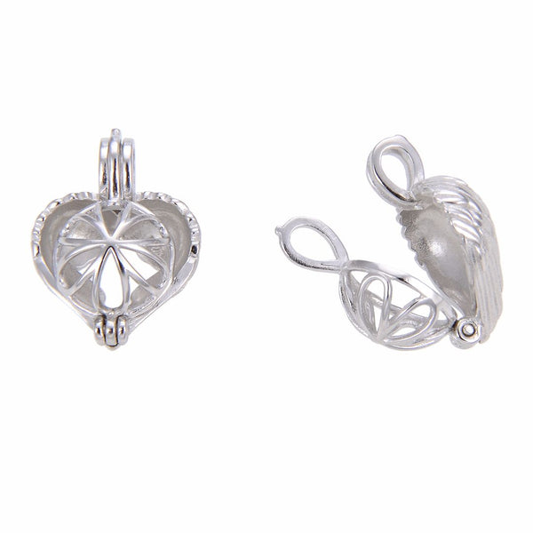1pc 925 Sterling Silver Angel Wings Heart Bead Cage, Tarnish Resistant, Used for 6 - 8mm Bead Pearl Stone Pendant, SS391