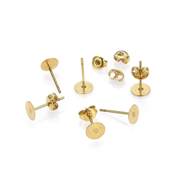 100pcs Raw Brass Earring Posts, Flat Board Glue On Setting, 100pcs Earring Backs, Unplated/Uncoated, Board Size Selections: 3mm/4mm/6mm/8mm