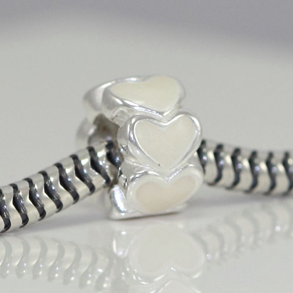 1pc Solid 925 Sterling Silver Cream White Love Heart Bead Charm, Compatible with Pandora All Other Charm Bracelet, EC23
