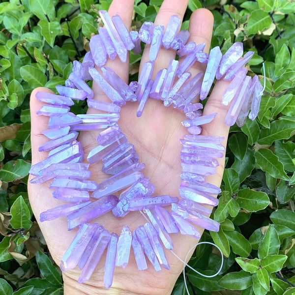 1 Strand Natural Raw Crystal Quartz Gemstone Beads, Small Drilled Stone Points, Violet Tanzanite AB Titanium Coated Stone Stick, 15 Inch, GA9