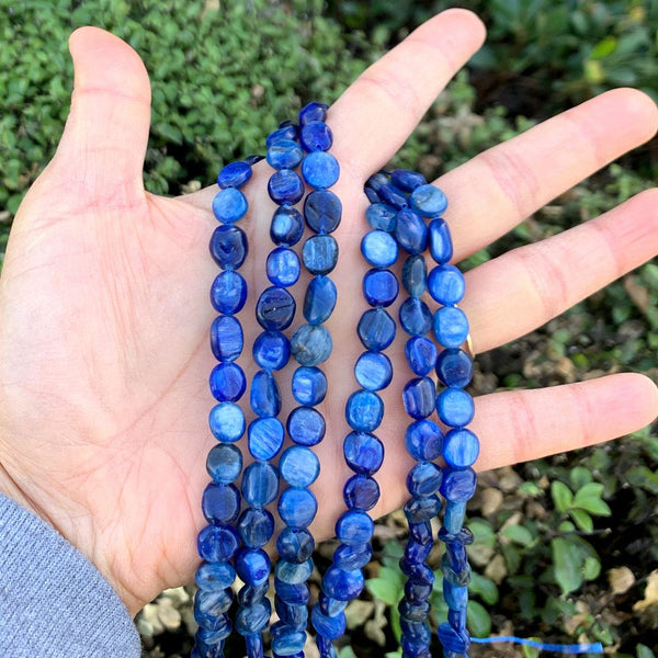 Natural Kyanite Blue Crystals Gemstone Oval Tumbled Pebble Beads, Irregular, 7mm to 10mm, Hole ID 1mm, 15 Inch/1 Strand, GZ12-38