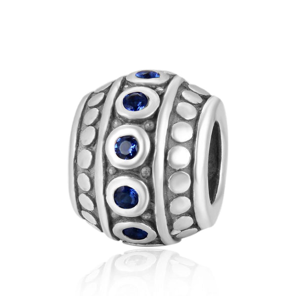 1pc 925 Sterling Silver Round September Birthstone Bead Charm, Blue Sapphire Cubic Zirconia CZ, 10x8mm, Hole ID 4.5mm, EC1-F9