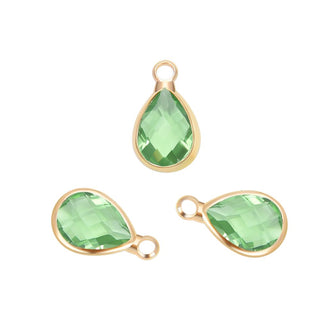 10pcs Grade A August Peridot Green Teardrop Birthstone Charm Drop, 18K Yellow Gold Plated Brass, Size Selections: 11x7mm, 14x8mm, 16x9mm