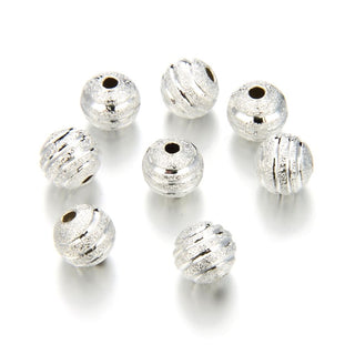50pcs Tarnish Resistant Corrugated Ribbon Pattern Round Beads, Sterling Silver Plated Brass, Size Selections: 6mm/8mm/10mm