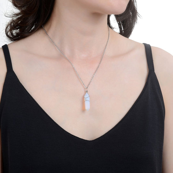 1pc Lab Created White Opal Gemstone Pendant Necklace, 18 Inch Surgical Stainless Steel Chain, GGP-E11