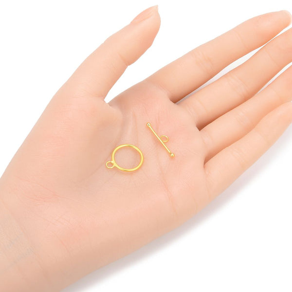 2 Sets 925 Sterling Silver Round Toggle Clasps, Real 18K Yellow Gold Plated, Size Selections: 10mm/12mm/15mm