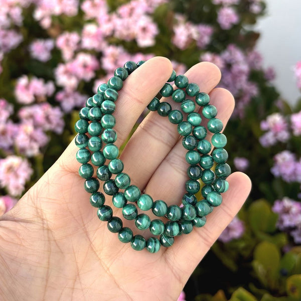 1 Strand Stretch Natural Green Malachite Beaded Gemstone Bracelet, 6mm Beads, Length Selections: 7 inch/7.5 inch/8 inch