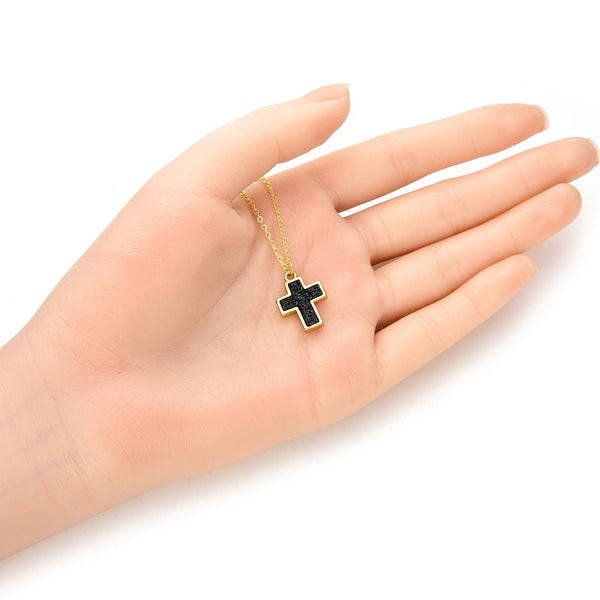 1pc Natural Druzy Crystal Pendant Necklace, Hematite Black Cross Small Gemstone Pendant, 18 inch Gold Plated Stainless Steel Chain, GGP20-4