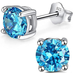 1 Pair 925 Sterling Silver December Birthstone Round Cut Stud Earrings, 4mm/0.25 Carat Small Tiny Cubic Zirconia CZ Blue Zircon Stone, SSE78-12
