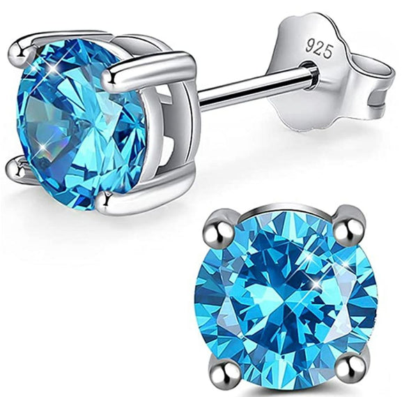 1 Pair 925 Sterling Silver December Birthstone Round Cut Stud Earrings, 8mm/2 Carat Cubic Zirconia CZ Blue Zircon Stone, SSE49-12