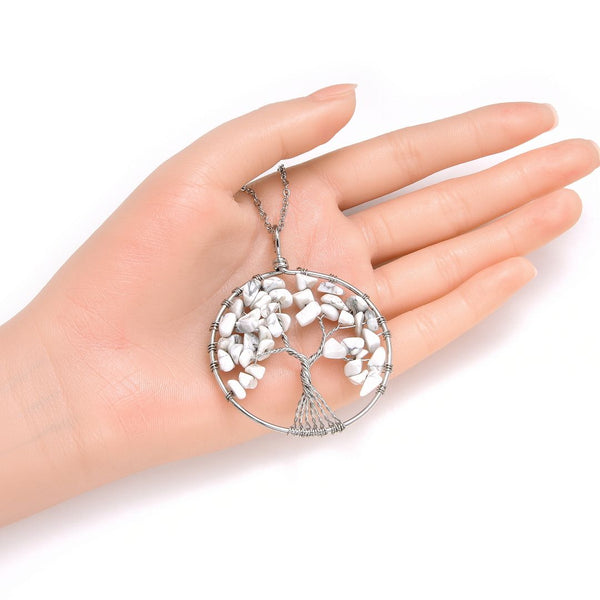 1pc Tree of Life Prosperity Necklace, Natural White Howlite Gemstone Pendant, 26 inch Surgical Stainless Steel Chain, GGP9-9