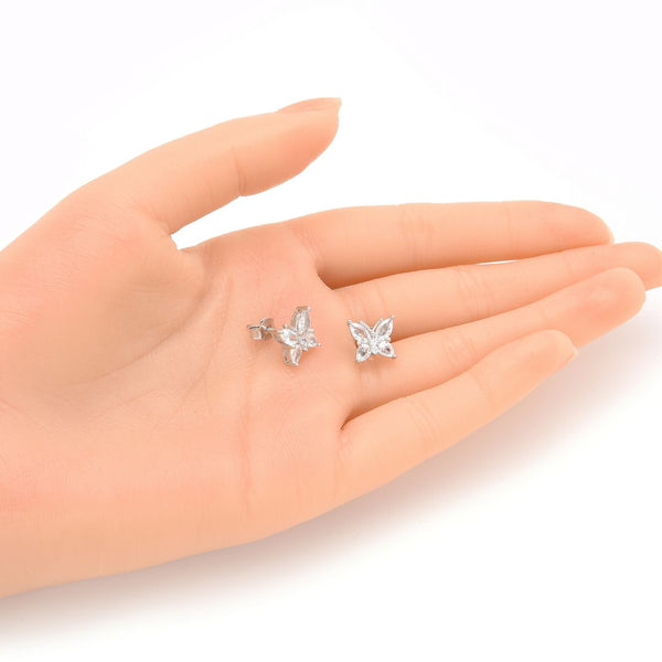 1 Pair 925 Sterling Silver April Birthstone Butterfly Stud Earrings, 10mm, Cubic Zirconia CZ Clear Diamond Stone, SSE83-4