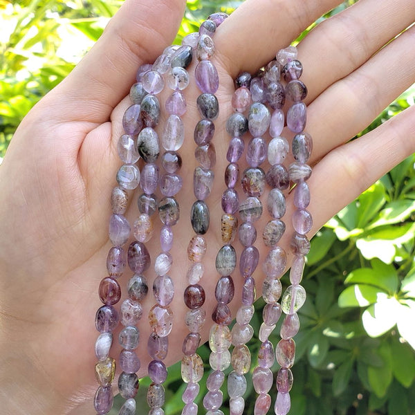 Natural Purple Rutilated Quartz Gemstone Oval Tumbled Pebble Beads, Irregular, 6mm to 8mm, Hole ID 1mm, 15 Inch/1 Strand, GZ11-35