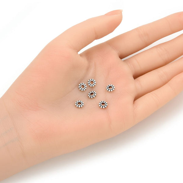 200pcs Small Flat Rondelle Flower Beads Antique Silver, 6.4mm, Hole 2.5mm, MC-S2