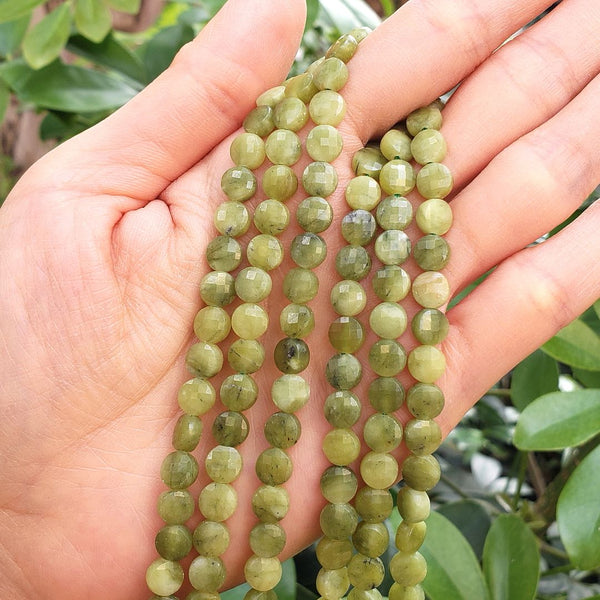 Natural Green Nephrite Jade Gemstone Faceted Flat Round Coin Beads, 6mm, Hole ID 1mm, 15 Inch/1 Strand, GZ13-12