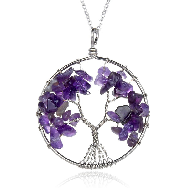 1pc Tree of Life Prosperity Necklace, Natural Purple Amethyst Crystal Gemstone Pendant, 26 inch Surgical Stainless Steel Chain, GGP9-7
