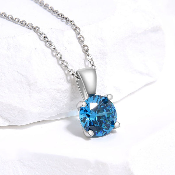 925 Sterling Silver December Birthstone Solitaire Necklace, 6mm/0.84 Carat Blue Zircon Cubic Zirconia CZ, Length Selections: 16 inch/18 inch