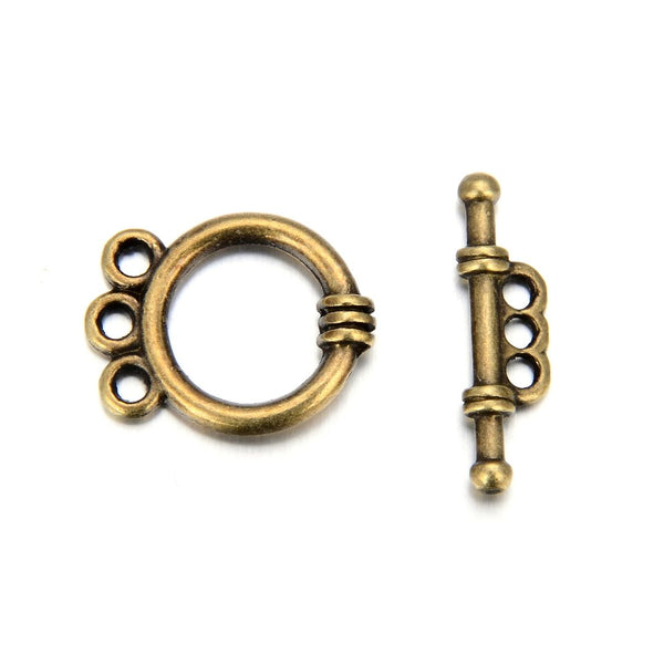 Adabele 20 Sets Round Toggle Clasp, 3 Rings Multiple Strands T-Bar Jewelry Closure, 17.7mm, Tarnish Resistant Antique Bronze, MC-AF58