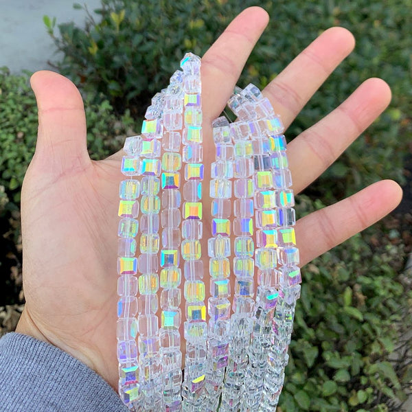 100pcs Creative Club Faceted Cube Crystal Glass Beads, Crystal AB, 8mm, Hole ID 1mm, CCC802