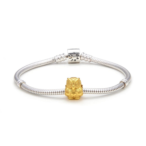 1pc Cute Gold Plated Sterling Silver Owl King Charm Bird Animal Bead, Compatible with Pandora All Other Charm Bracelets, EC2-K2G