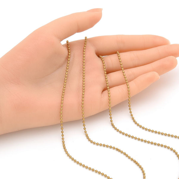 33 Feet Beaded Round Ball Chain Link, Raw Brass Uncoated/Unplated, 2mm, CK10-H2