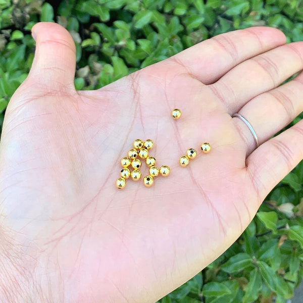 100pcs Tarnish Resistant Small Tiny Seamless Smooth Round Beads, 18K Yellow Gold Plated Brass, Size Selections: 3mm/4mm
