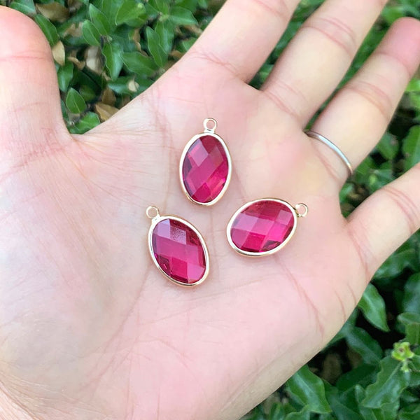 10pcs Grade A July Ruby Red Oval Birthstone Charm Drops, 18K Yellow Gold Plated Brass, 18x13mm, CCP6-G7