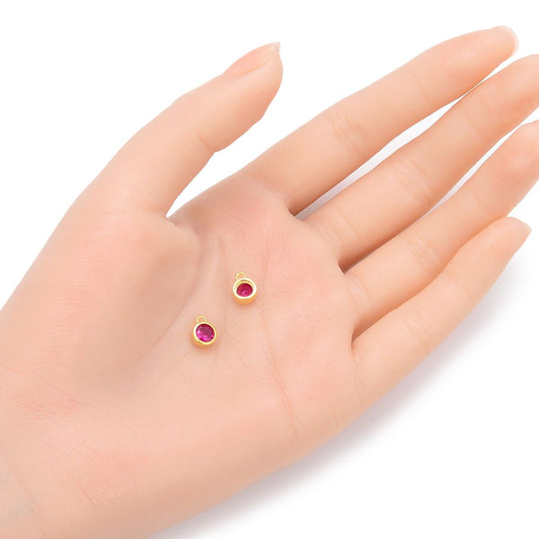 2pcs 925 Sterling Silver 6mm July Birthstone Charm Drop Pendants, Real 18K Yellow Gold Plated, Ruby Red Cubic Zirconia Gemstone, SXP7-7